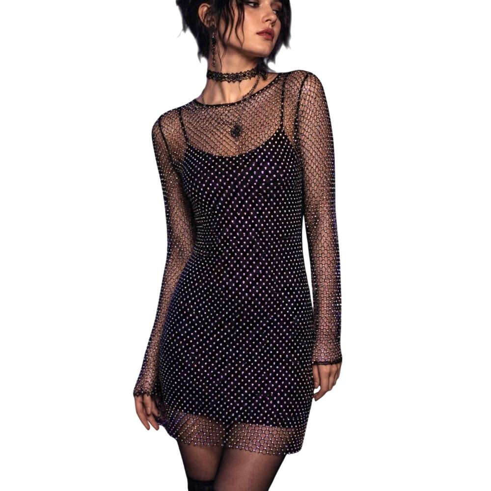 Vtg Y2K Studded Black Fishnet Mesh Dress M Whimsigoth Iridescent Witchy Edgy Emo